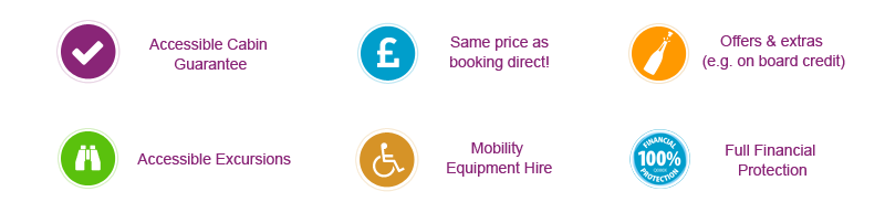 accessible cabins, same price as direct, offers & extras, accessible excursions, mobility equipment hire, financial protection