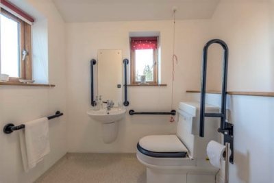 A disabled-friendly bathroom with a Closomat toilet and grab bars